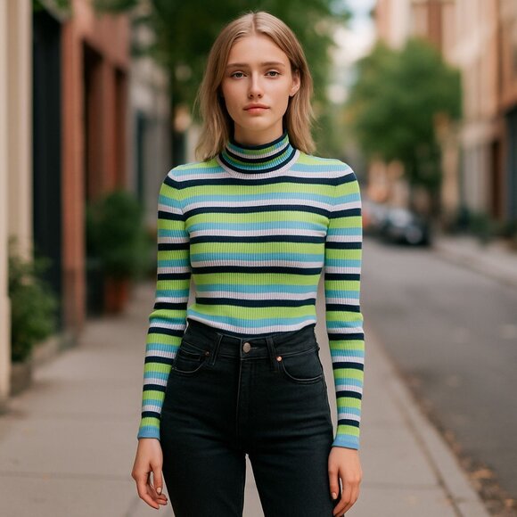 NWT Circus NY Mock Neck Long Sleeve Stripe Print 2nd Skin Top - Picture 1 of 10